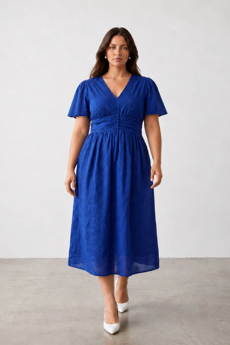 Seralyn|100% Cotton Fit And Flare Schiffli Dress