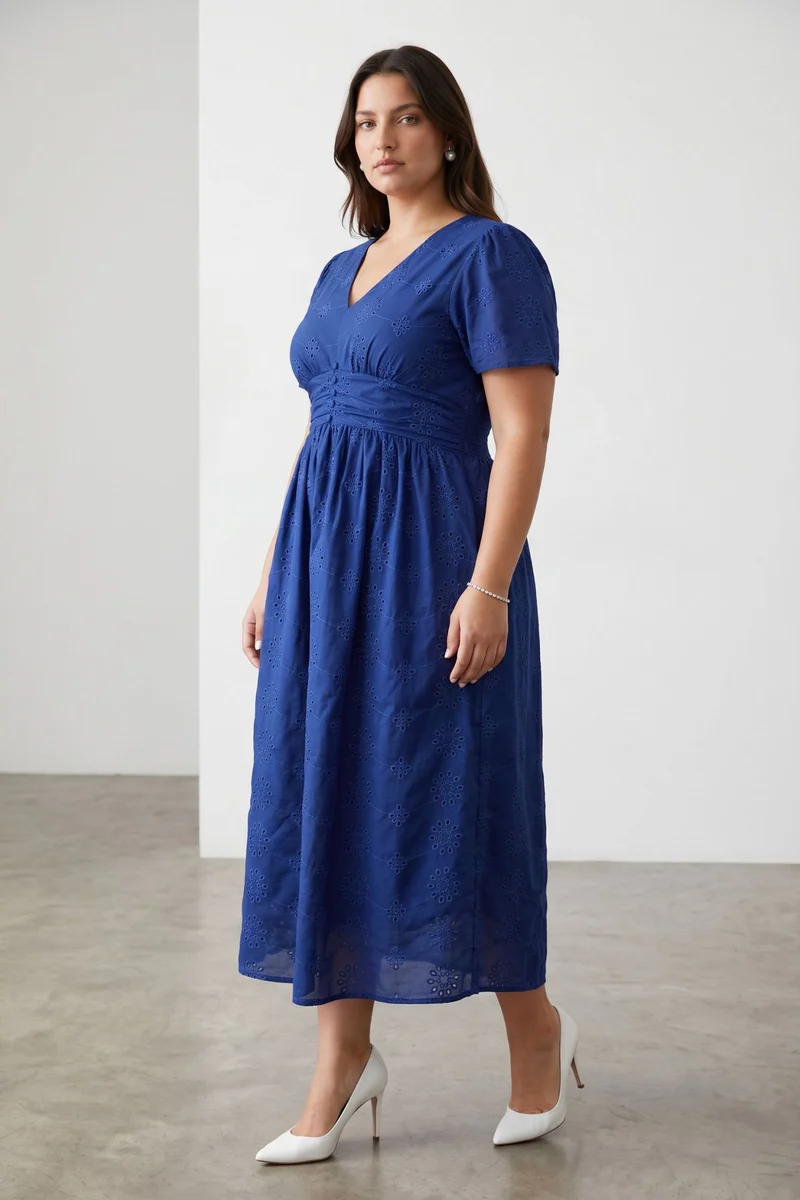 Seralyn|100% Cotton Fit And Flare Schiffli Dress