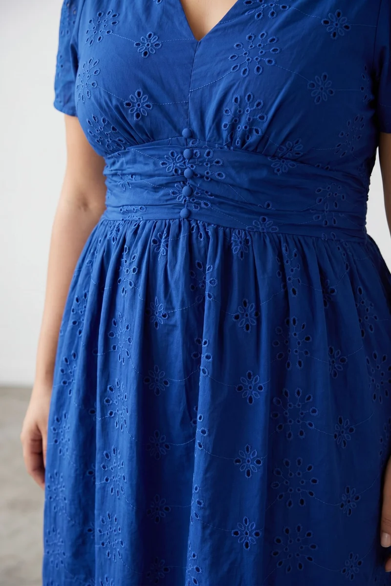 Seralyn|100% Cotton Fit And Flare Schiffli Dress