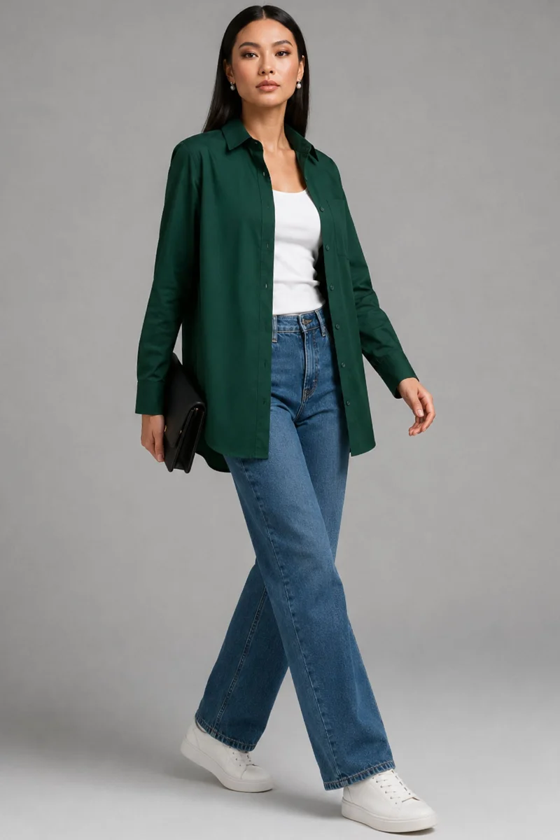 Arvena|100% Cotton Shirt With Curved Hem