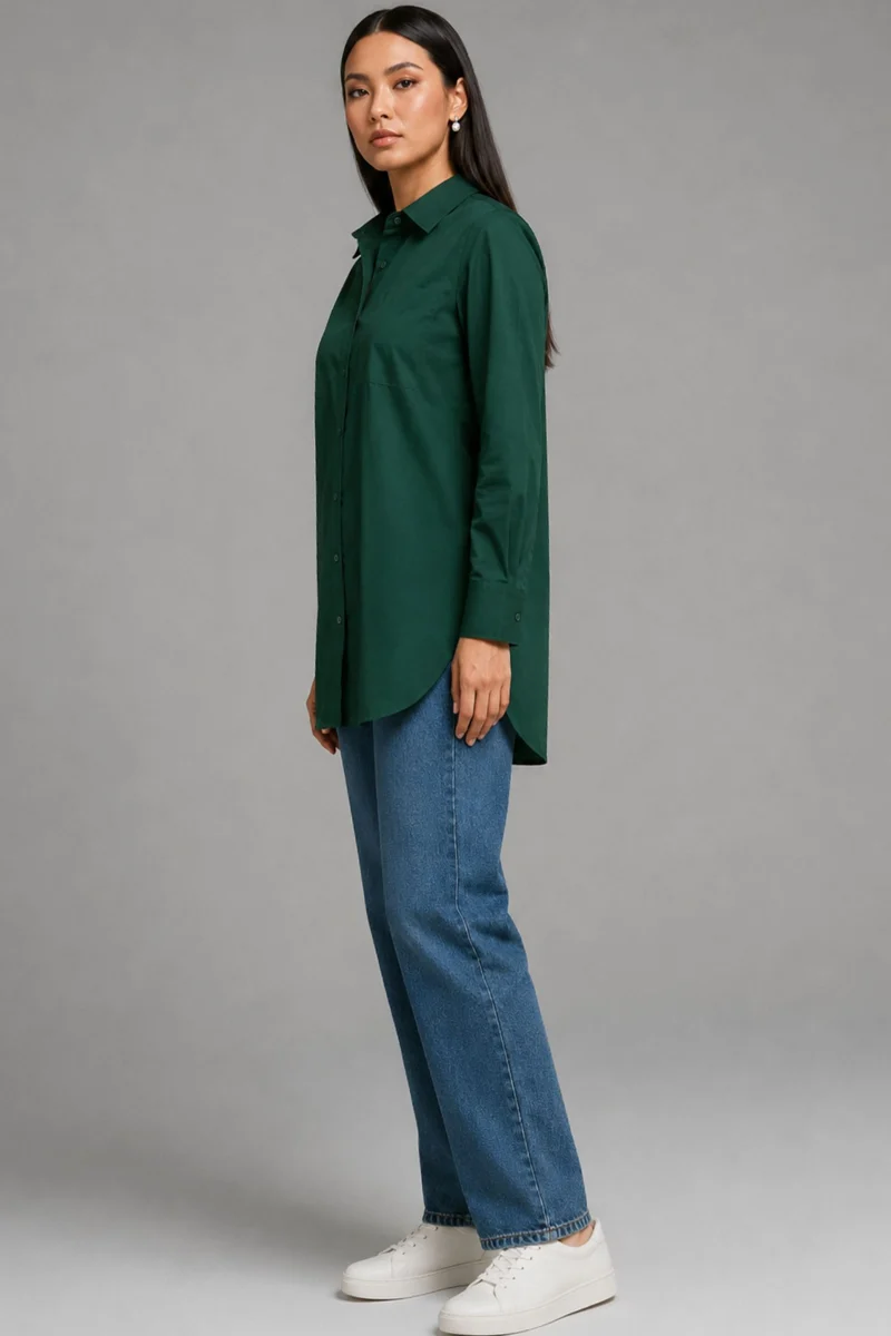 Arvena|100% Cotton Shirt With Curved Hem