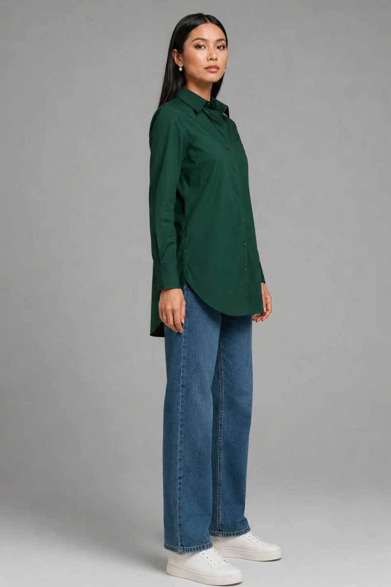 Arvena|100% Cotton Shirt With Curved Hem