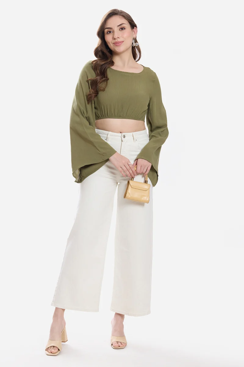 Kidia|100% Viscose Bell Sleeve Crop Top