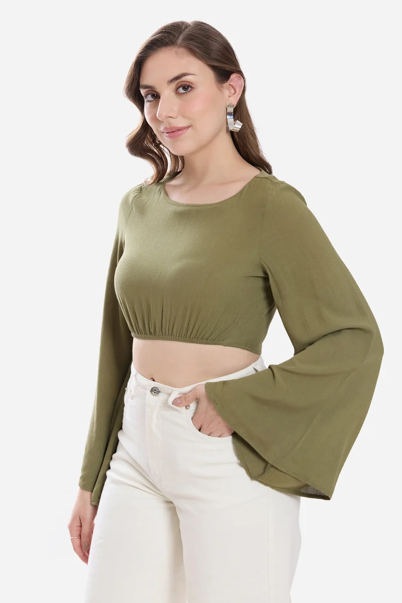 Kidia|100% Viscose Bell Sleeve Crop Top