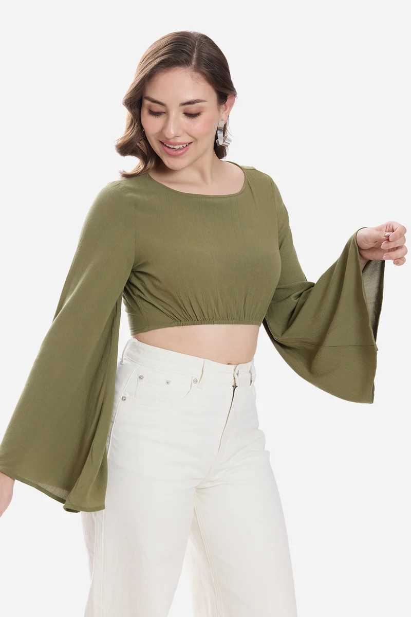 Kidia|100% Viscose Bell Sleeve Crop Top