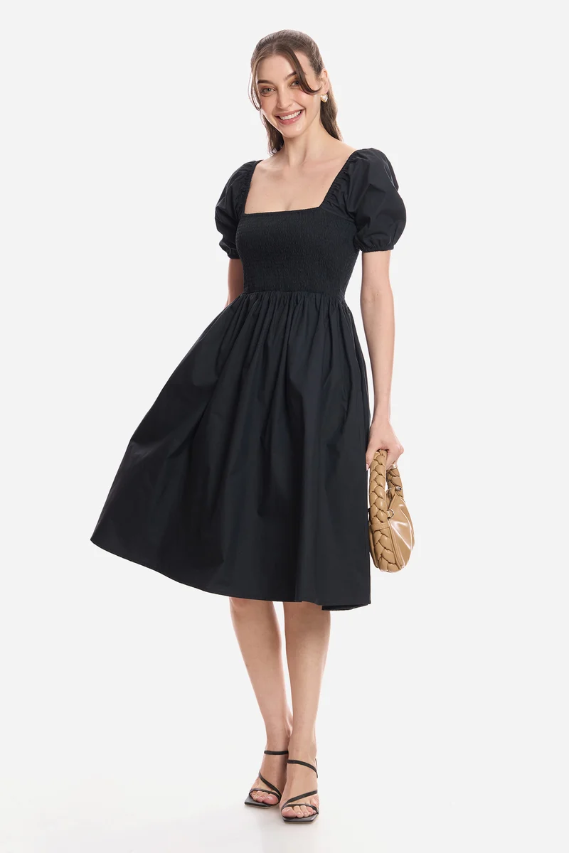 Dorje|100% Cotton Smocked Fit & Flare Dress