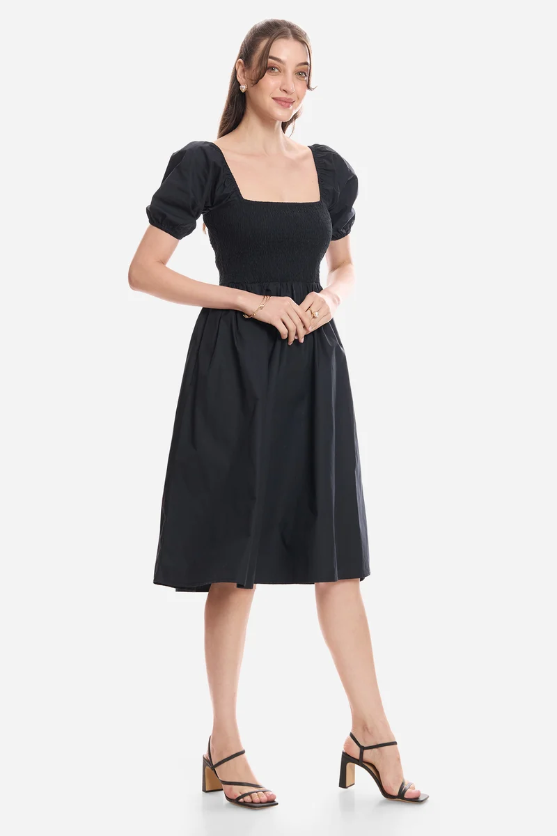 Dorje|100% Cotton Smocked Fit & Flare Dress