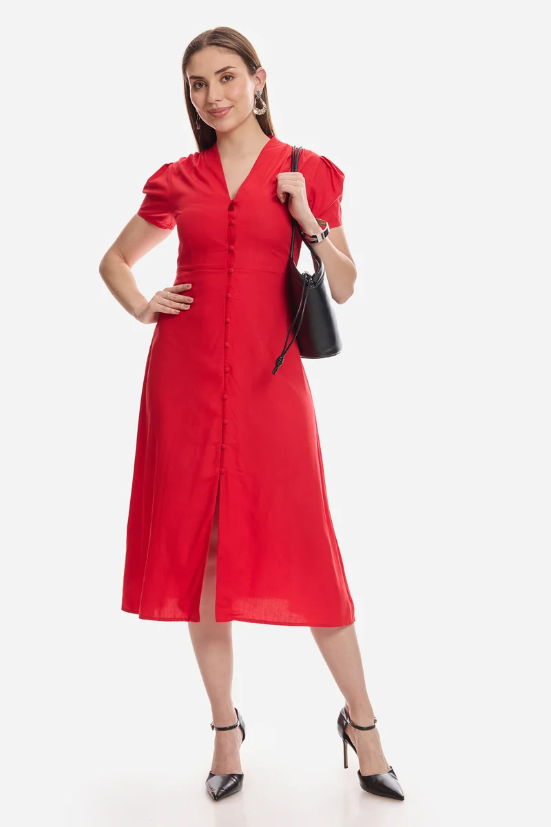 Mirin|100% Viscose V-Neck Gathered Dress