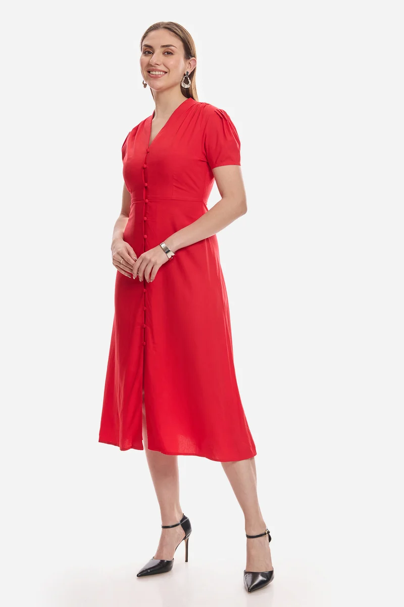 Mirin|100% Viscose V-Neck Gathered Dress