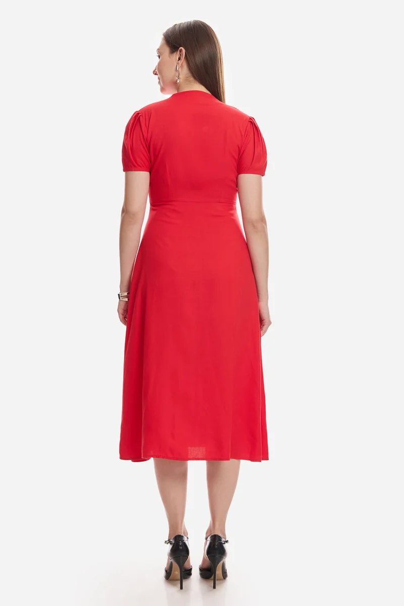 Mirin|100% Viscose V-Neck Gathered Dress