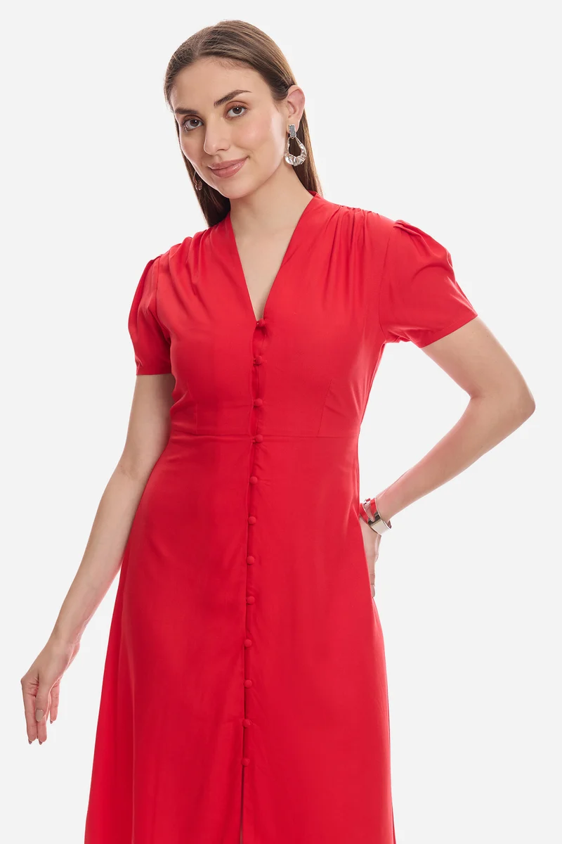 Mirin|100% Viscose V-Neck Gathered Dress