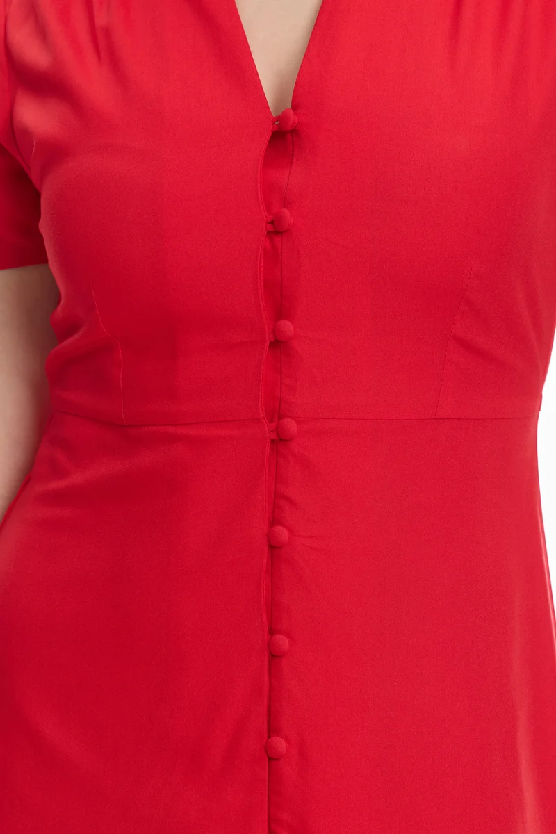 Mirin|100% Viscose V-Neck Gathered Dress