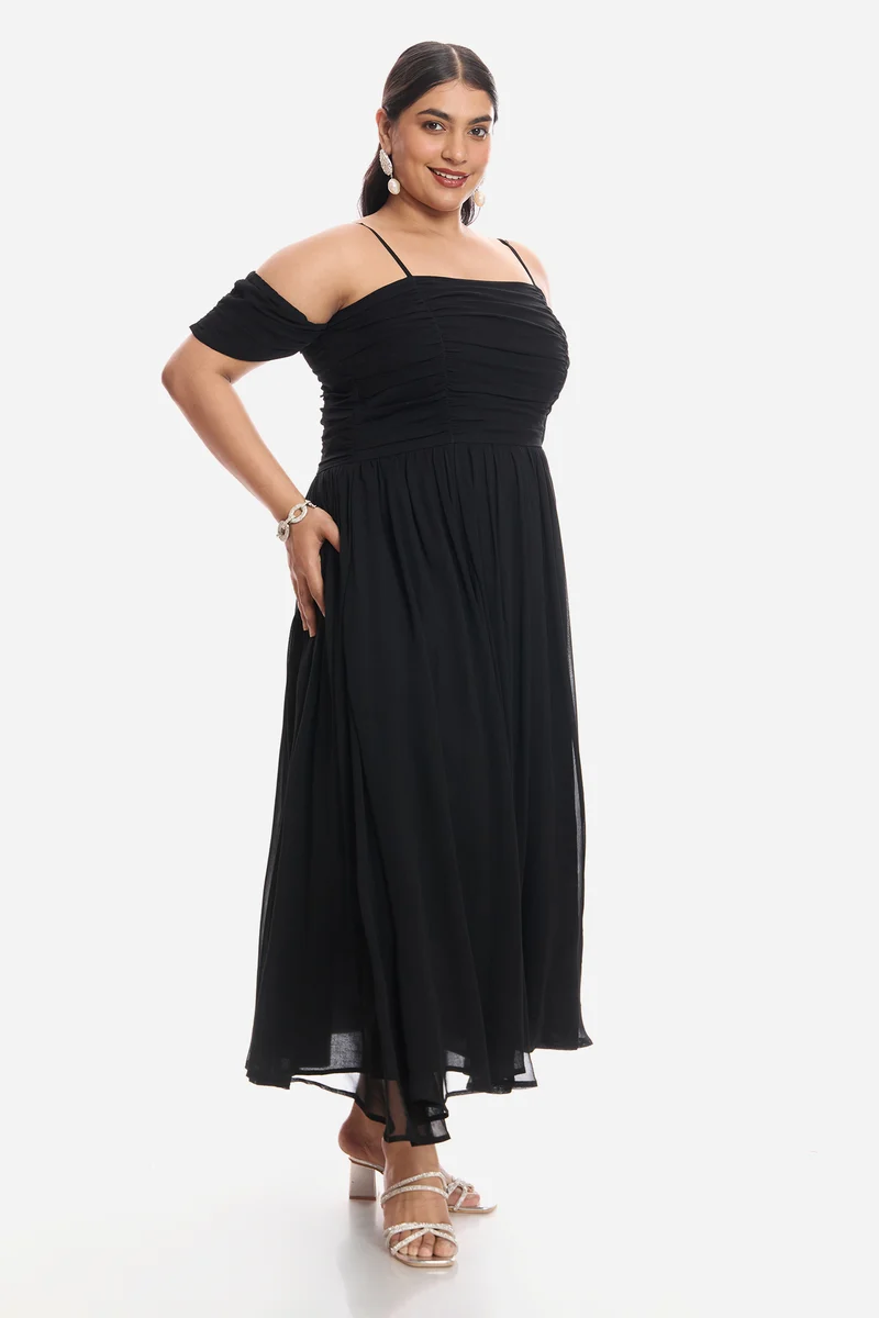 Anisa|Viscose Off Shoulder Ruched Dress
