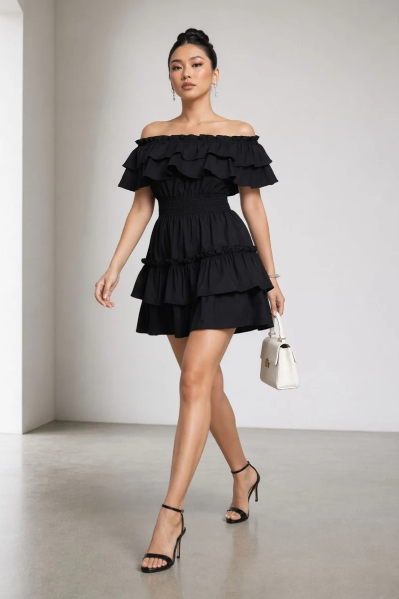 Hanae|100% Cotton Off-Shoulder Ruffle Dress