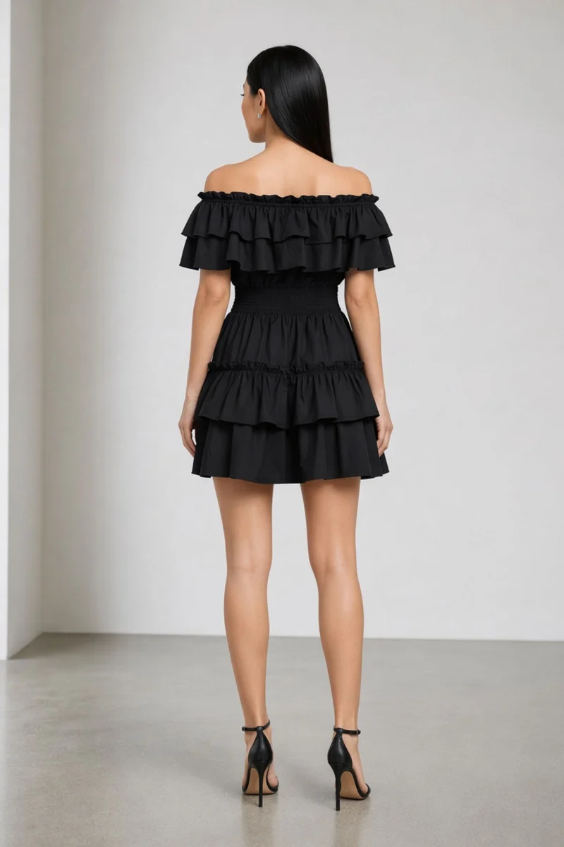 Hanae|100% Cotton Off-Shoulder Ruffle Dress