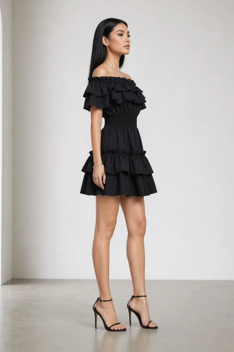 Hanae|100% Cotton Off-Shoulder Ruffle Dress