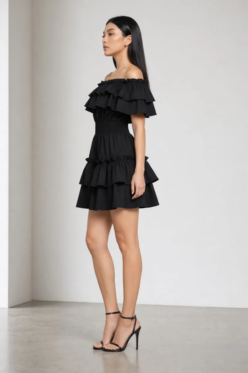 Hanae|100% Cotton Off-Shoulder Ruffle Dress