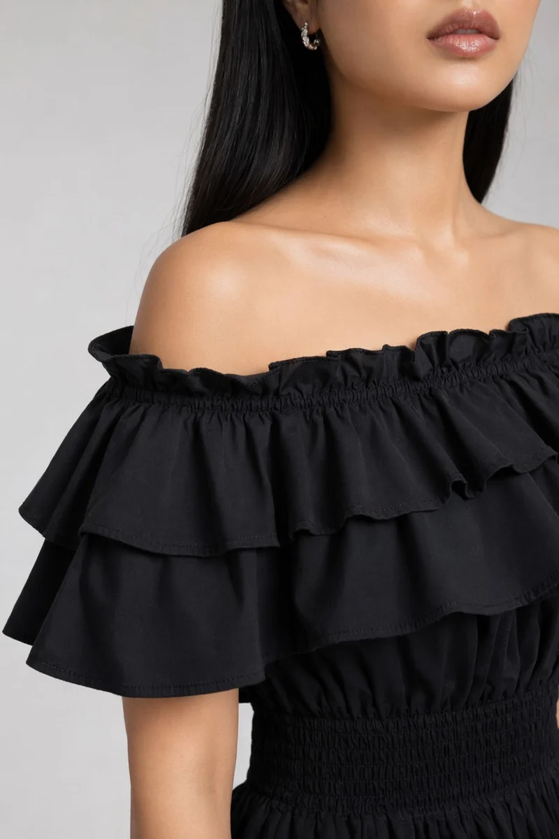 Hanae|100% Cotton Off-Shoulder Ruffle Dress