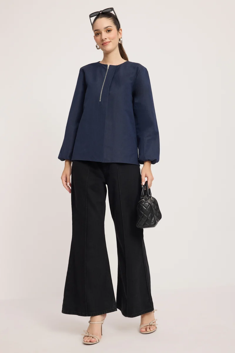 Bunuaei|100% Cotton Pleated Neck Regular Fit Top