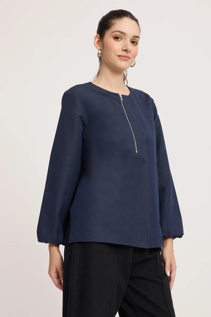 Bunuaei|100% Cotton Pleated Neck Regular Fit Top