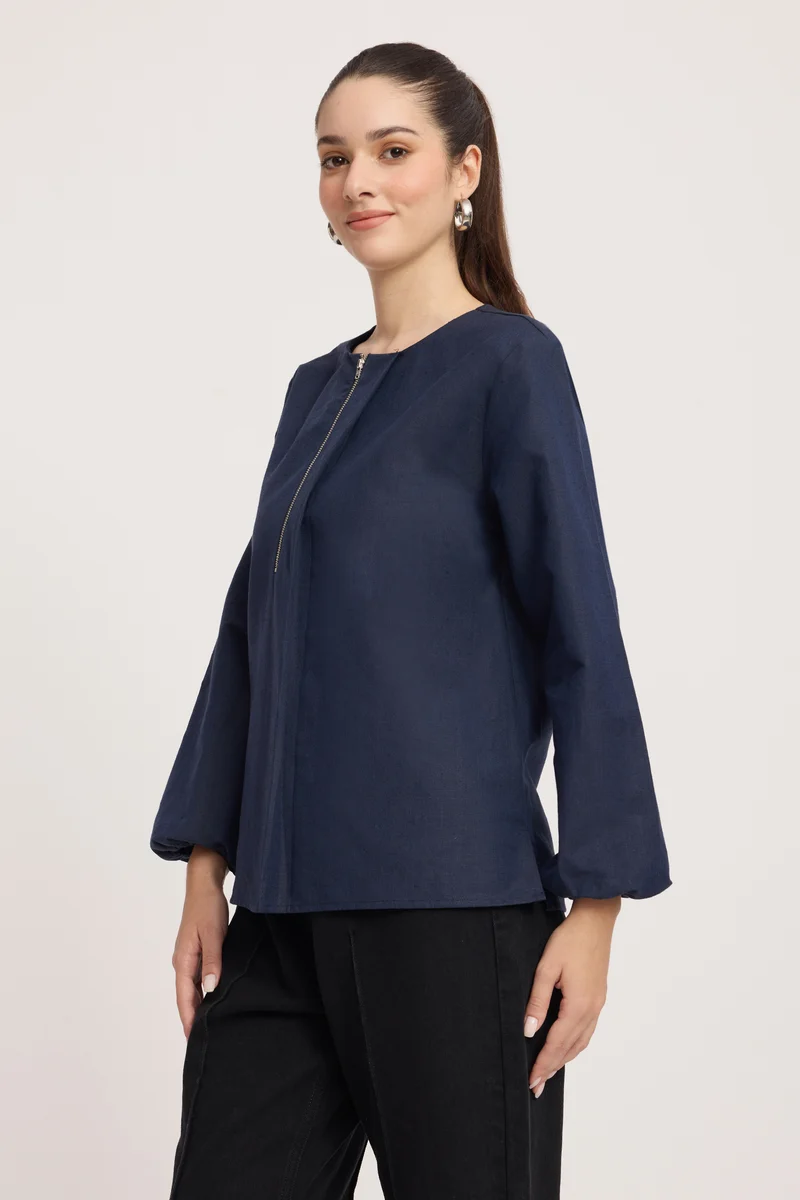 Bunuaei|100% Cotton Pleated Neck Regular Fit Top