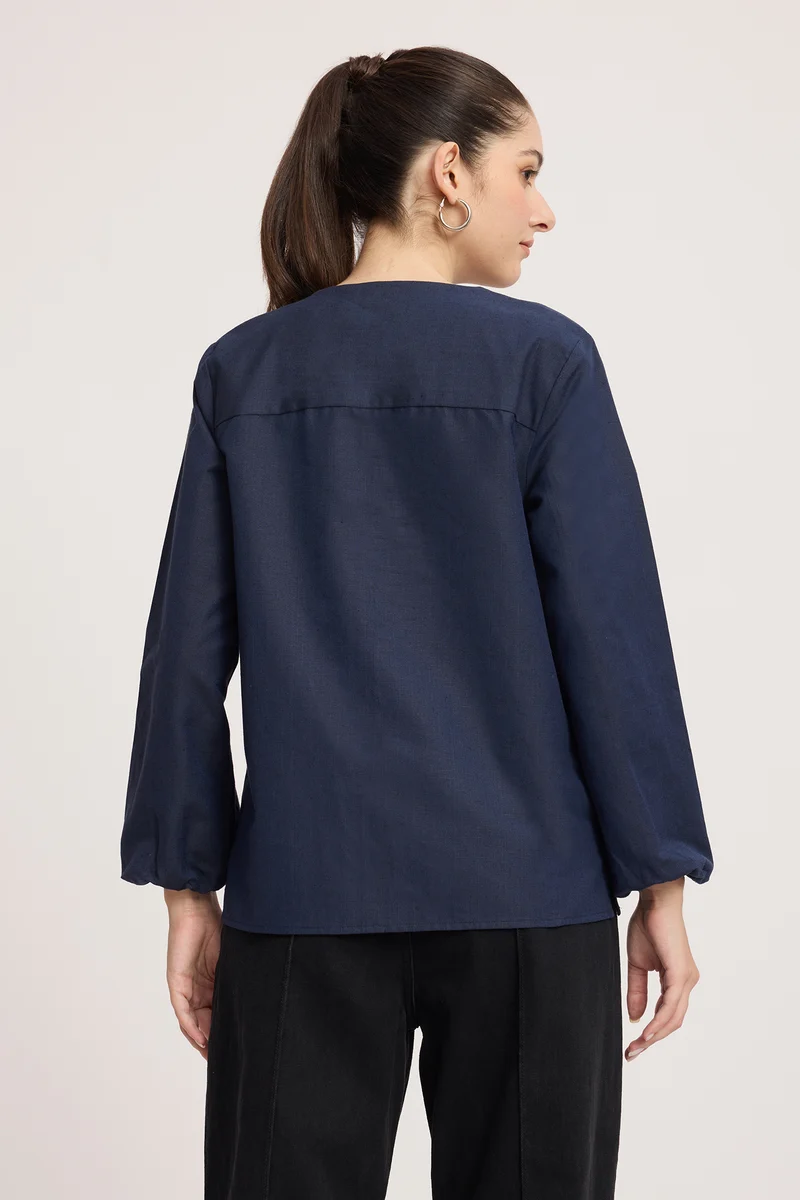 Bunuaei|100% Cotton Pleated Neck Regular Fit Top