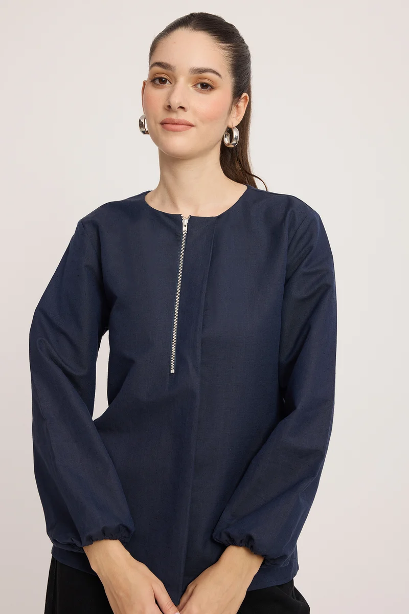 Bunuaei|100% Cotton Pleated Neck Regular Fit Top