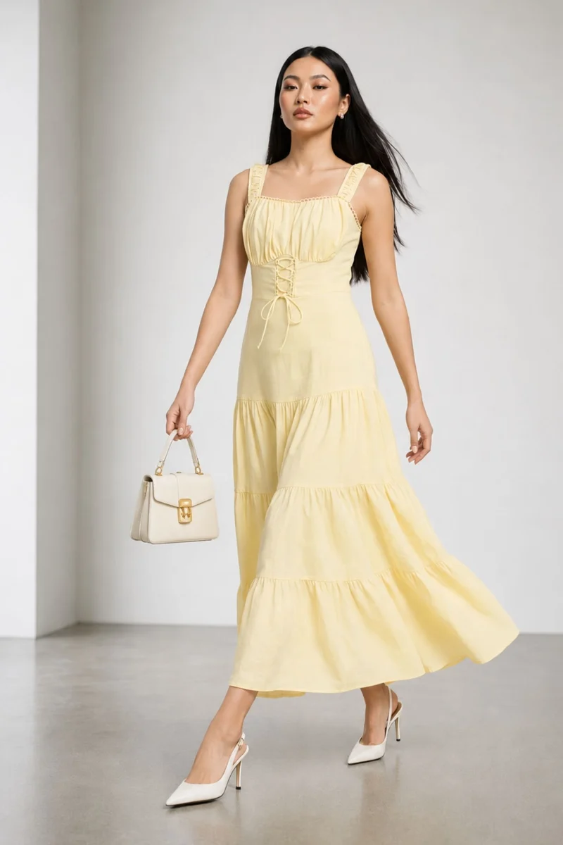 Basy|100% Linen Tiered Lace-Up Maxi Dress