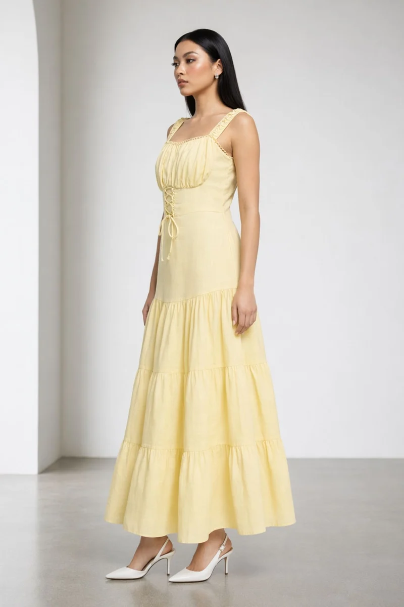 Basy|100% Linen Tiered Lace-Up Maxi Dress