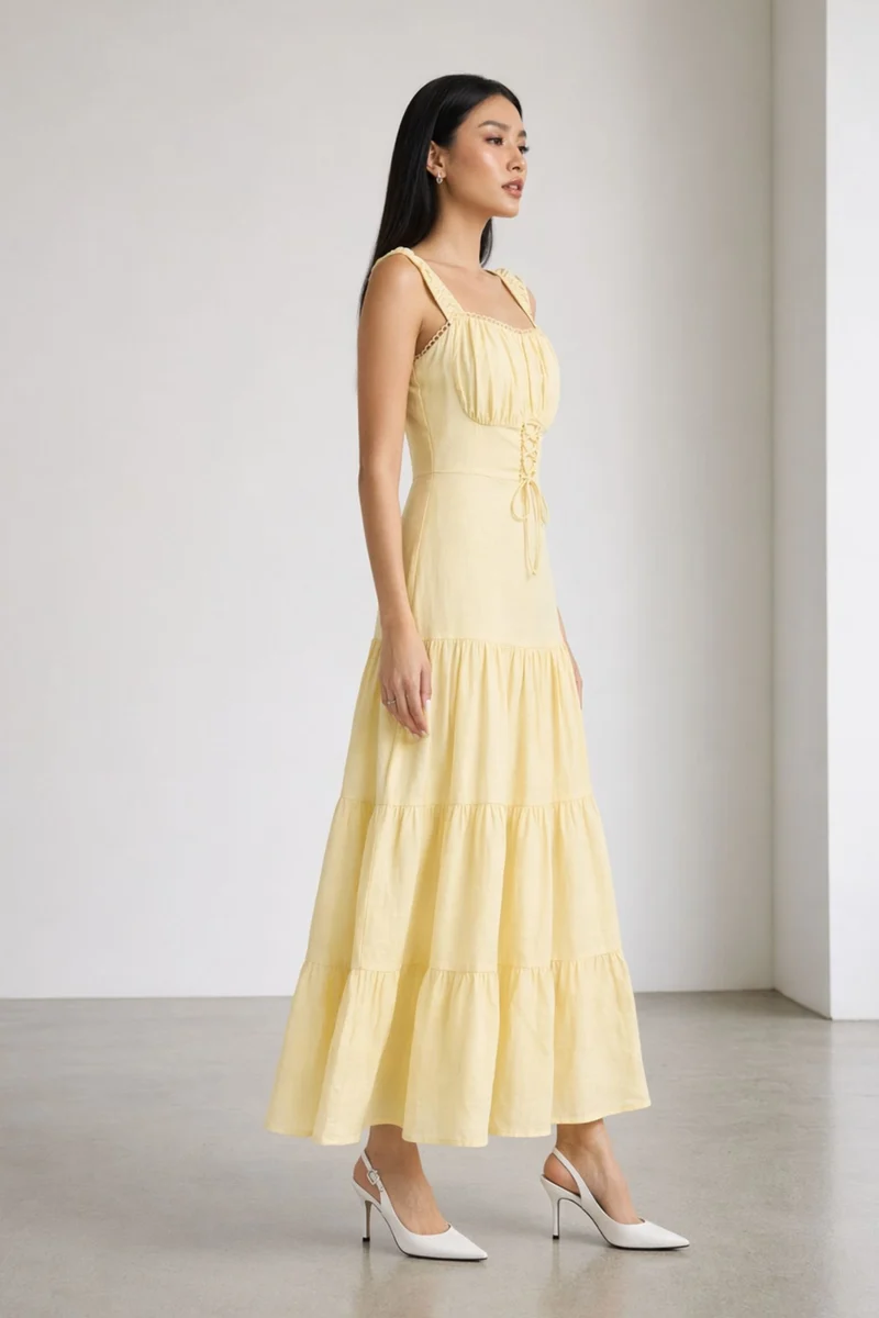 Basy|100% Linen Tiered Lace-Up Maxi Dress
