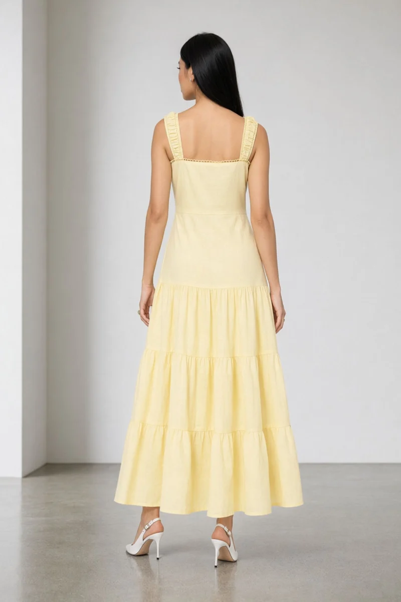Basy|100% Linen Tiered Lace-Up Maxi Dress