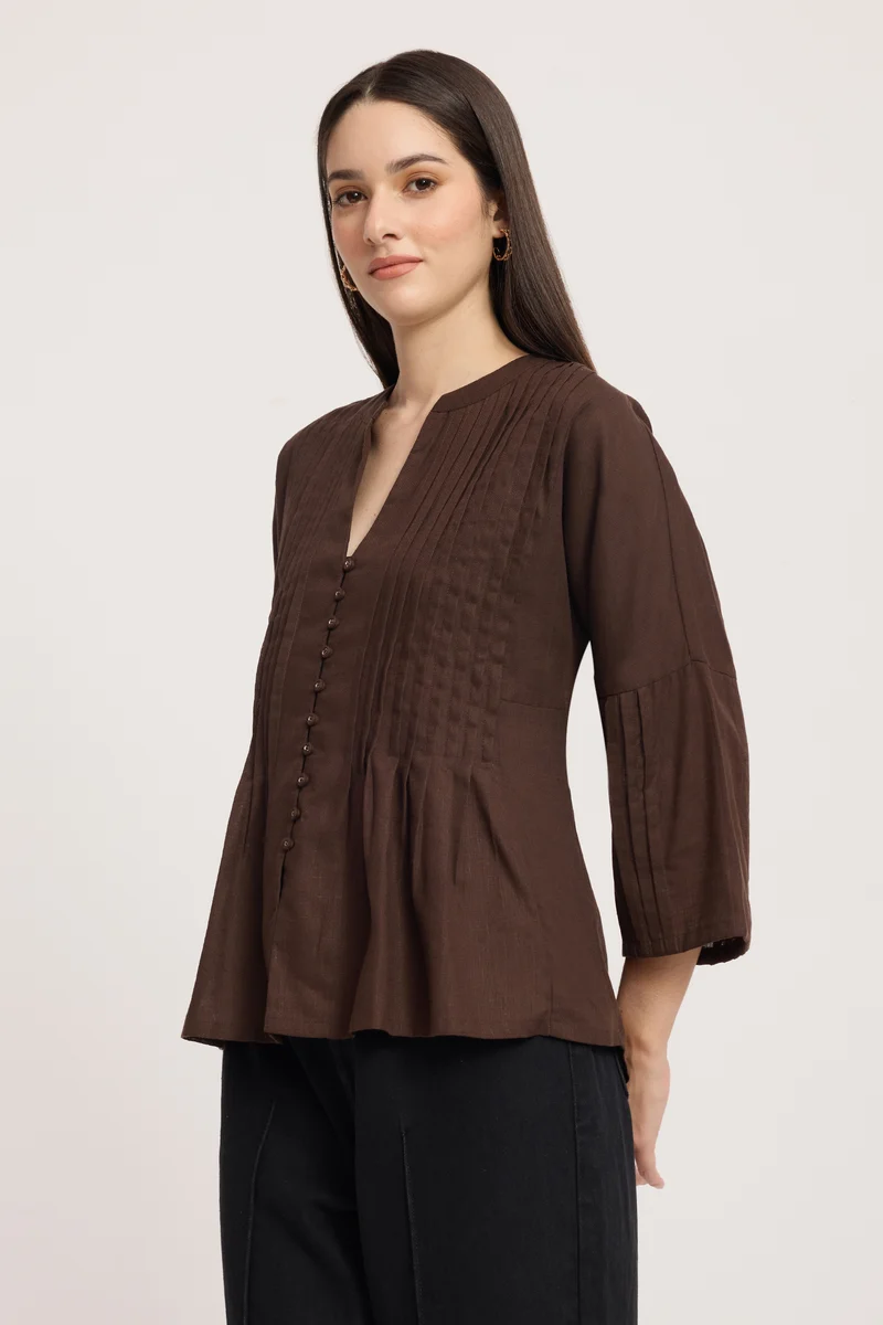 Hinako|Linen Pin Tuck Relaxed Top