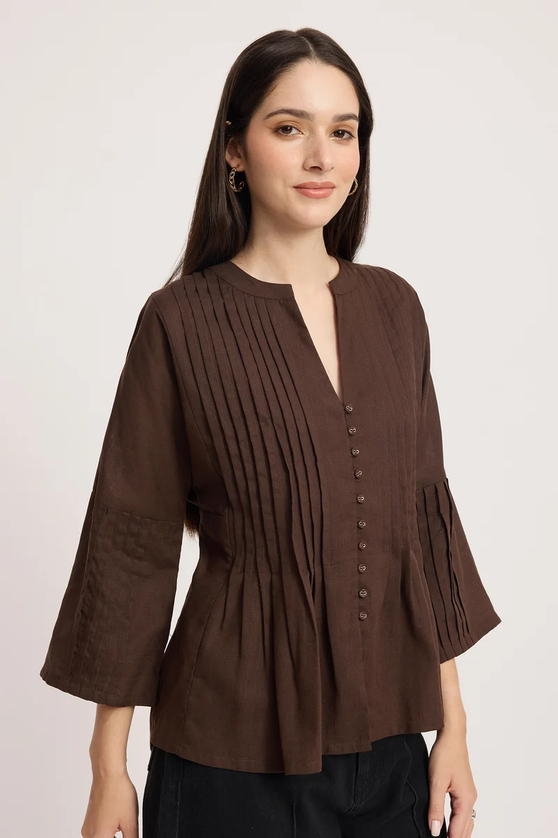 Hinako|Linen Pin Tuck Relaxed Top