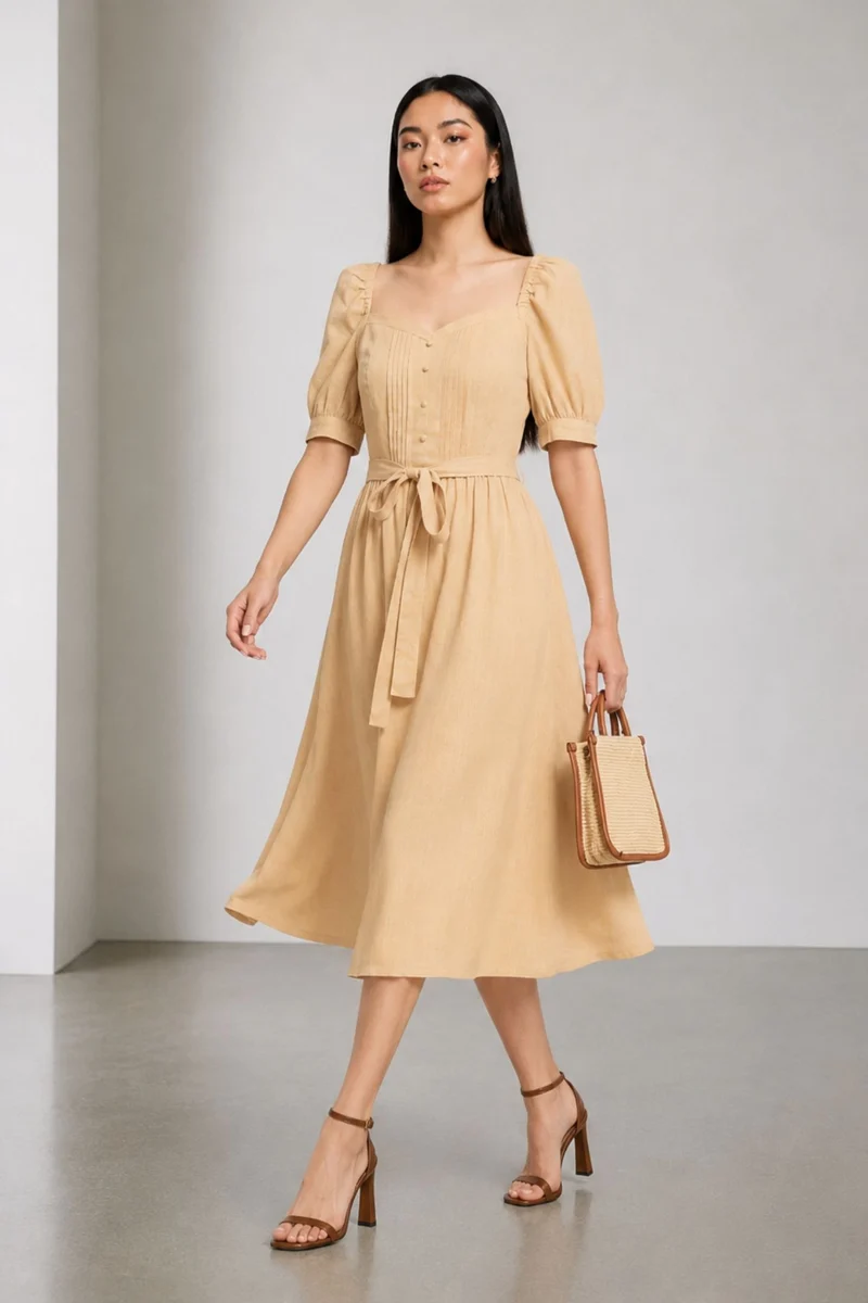 Juni|100% Cotton Pintuck Bodice Midi Dress