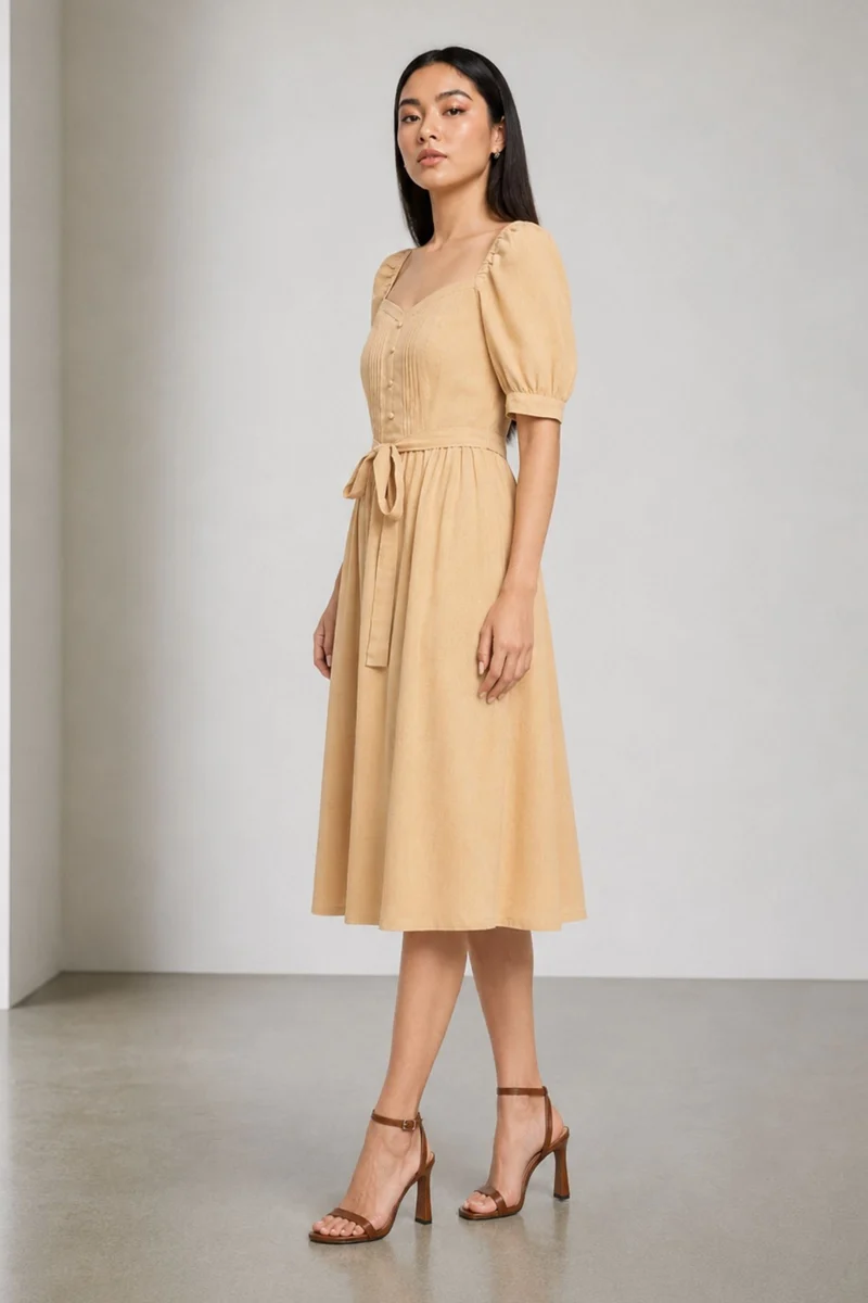 Juni|100% Cotton Pintuck Bodice Midi Dress