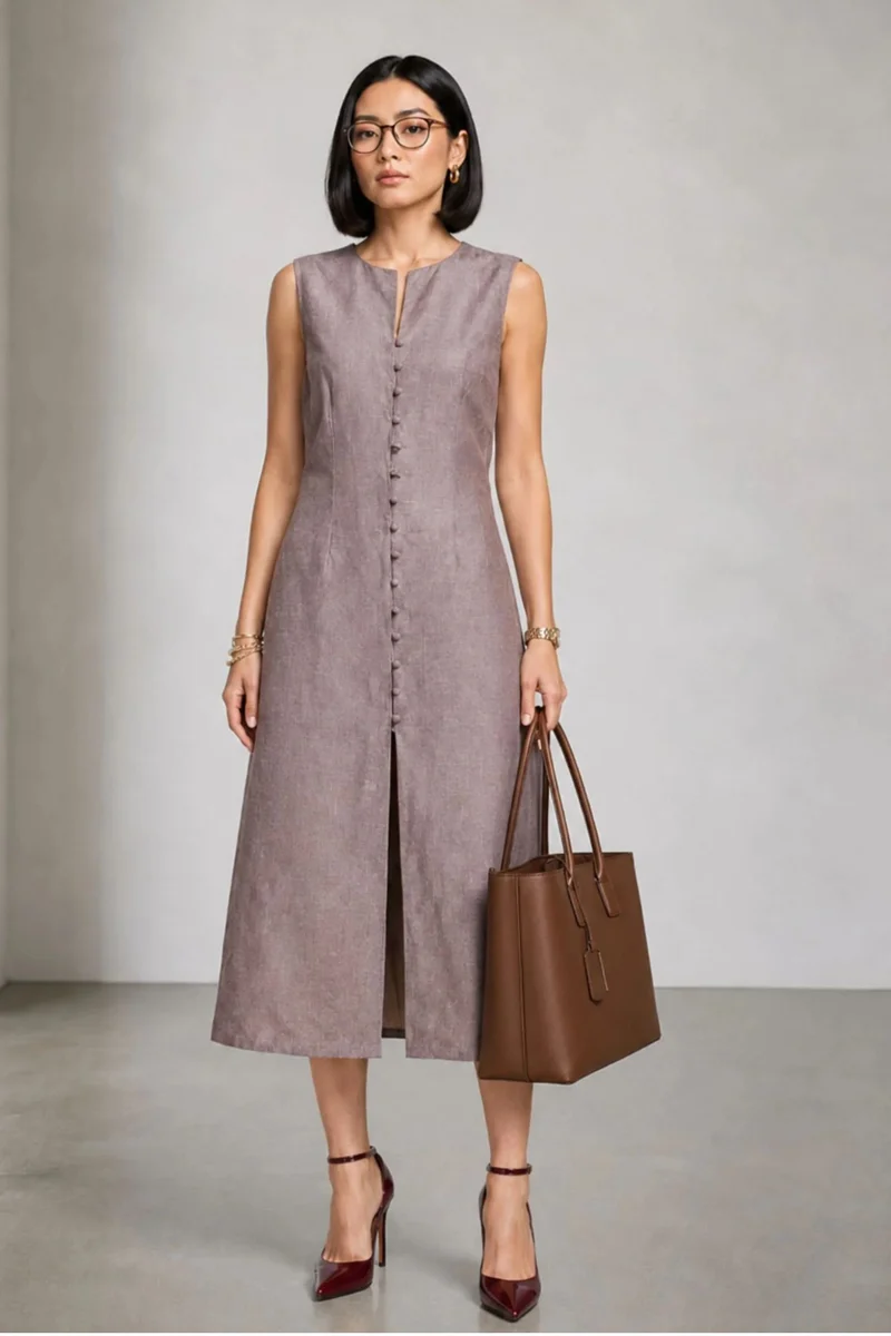 Binny|Linen Button Front Detail Midi Dress