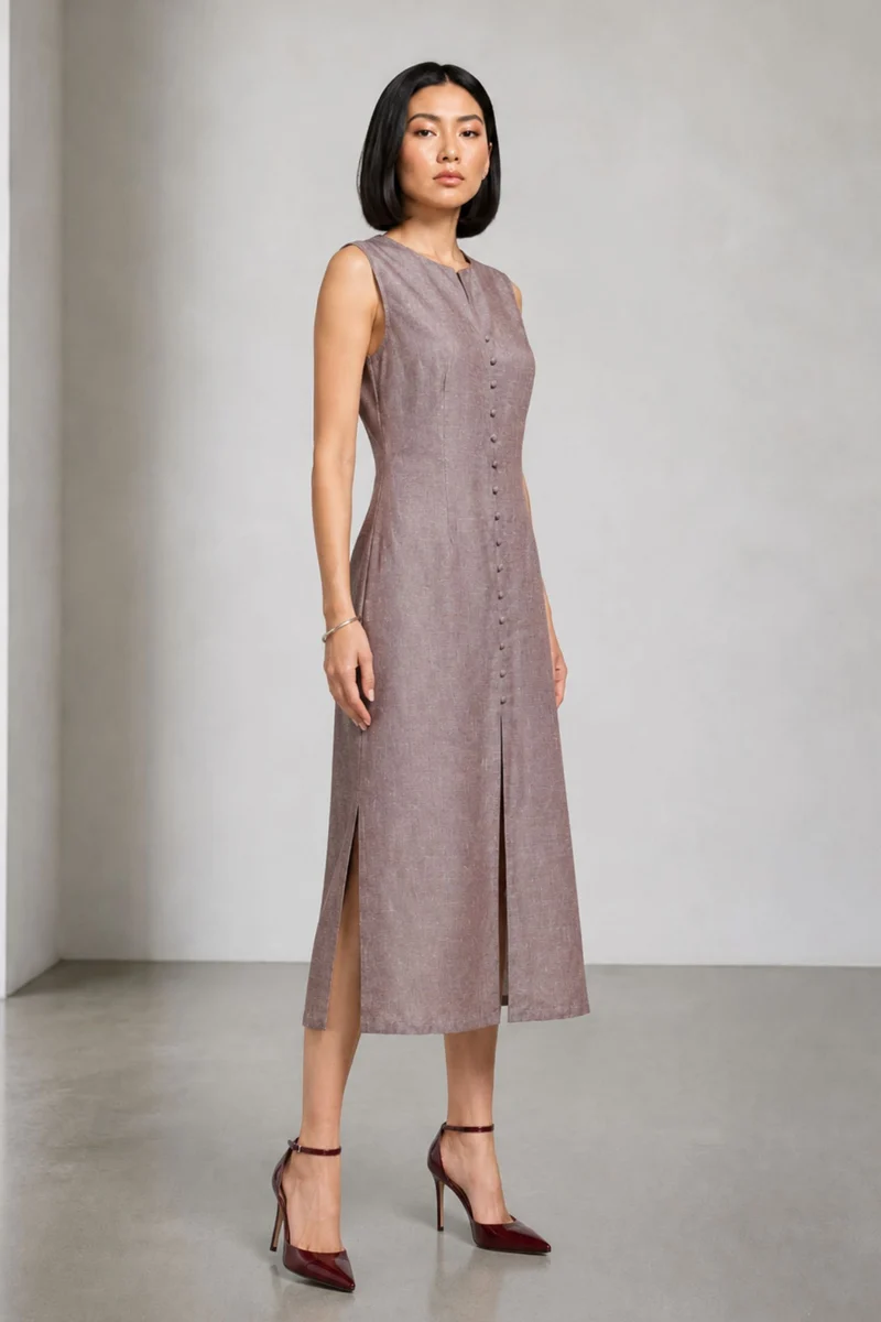Binny|Linen Button Front Detail Midi Dress
