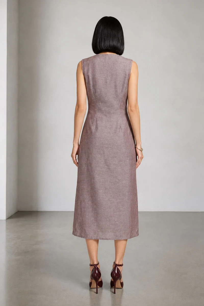 Binny|Linen Button Front Detail Midi Dress