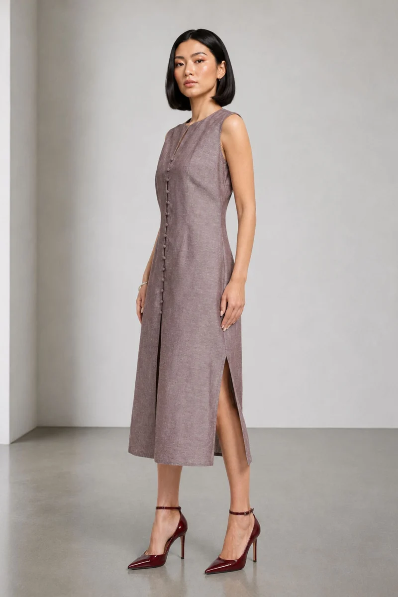 Binny|Linen Button Front Detail Midi Dress