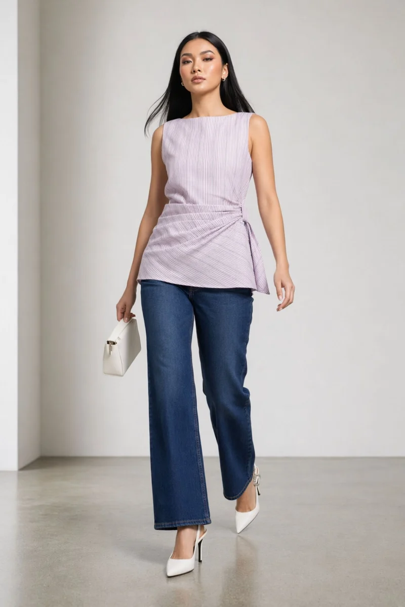 Nana|100% Cotton Stripped Side Knot Top