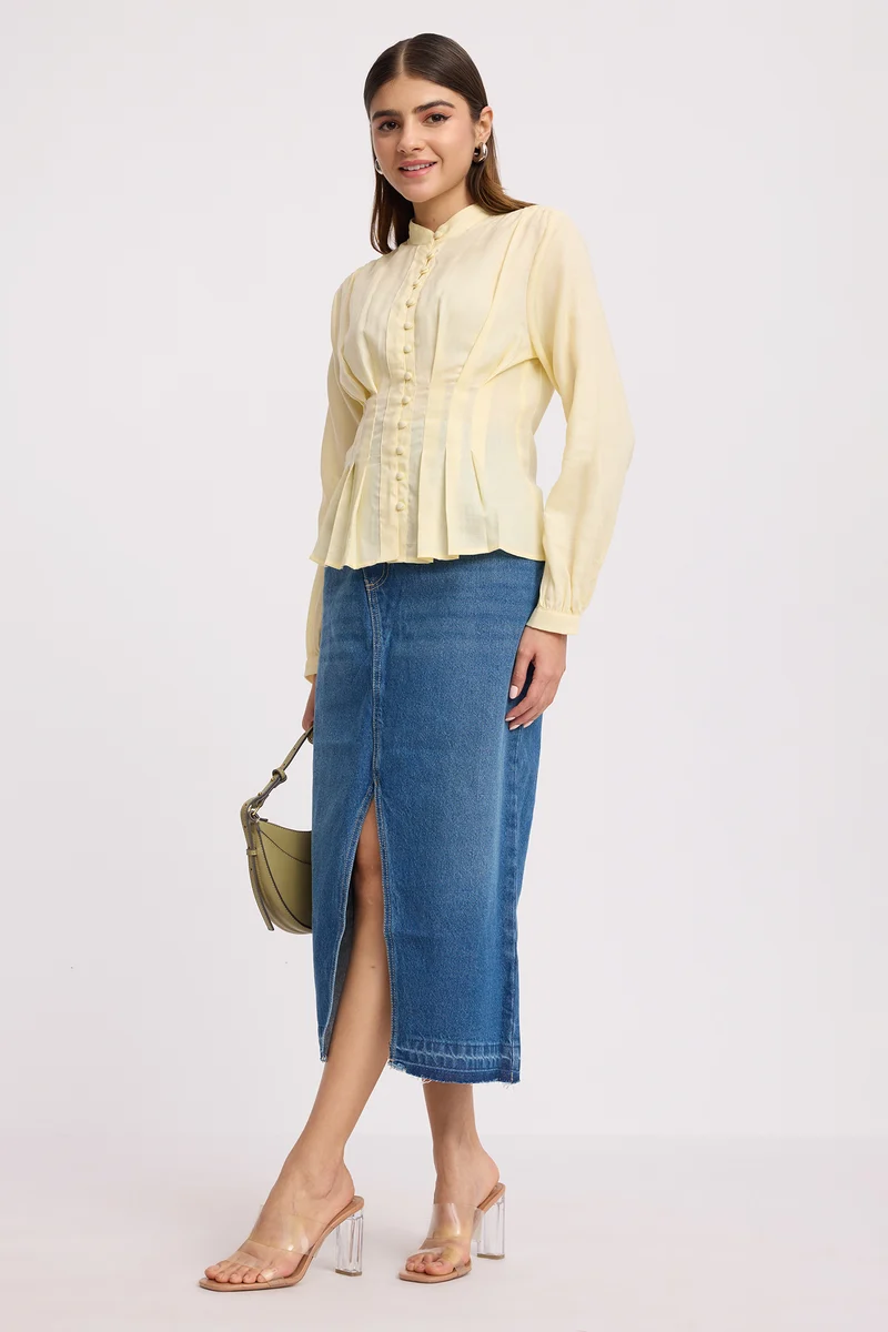 Kareni|100% Cotton Pintuck Detail Structured Shirt
