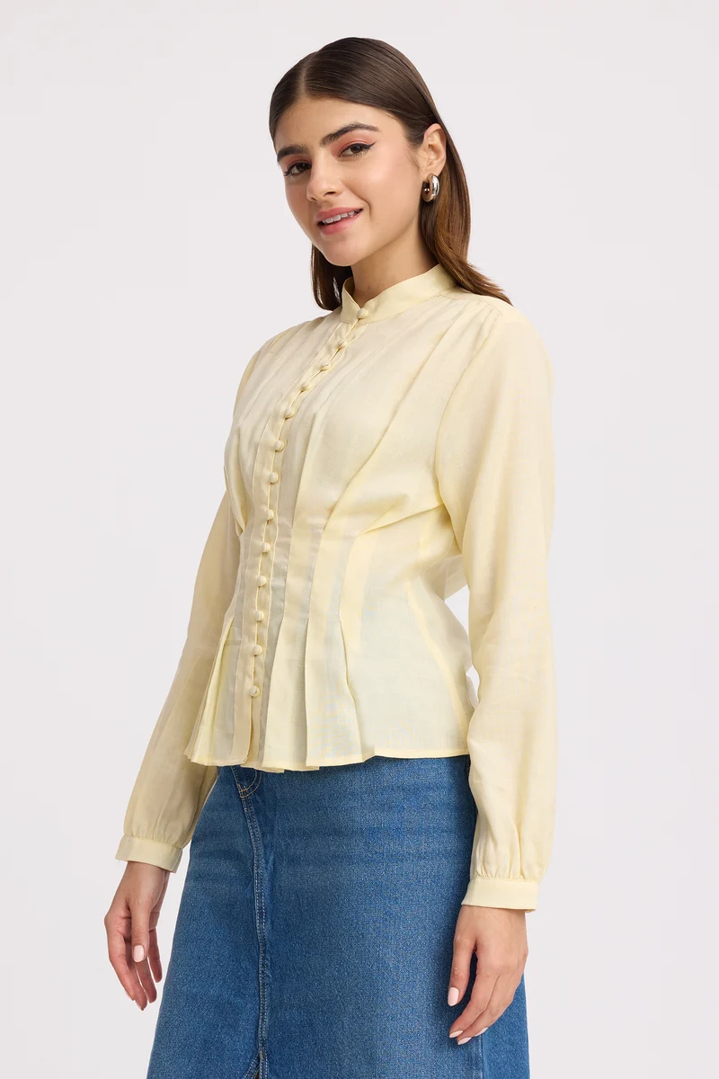 Kareni|100% Cotton Pintuck Detail Structured Shirt