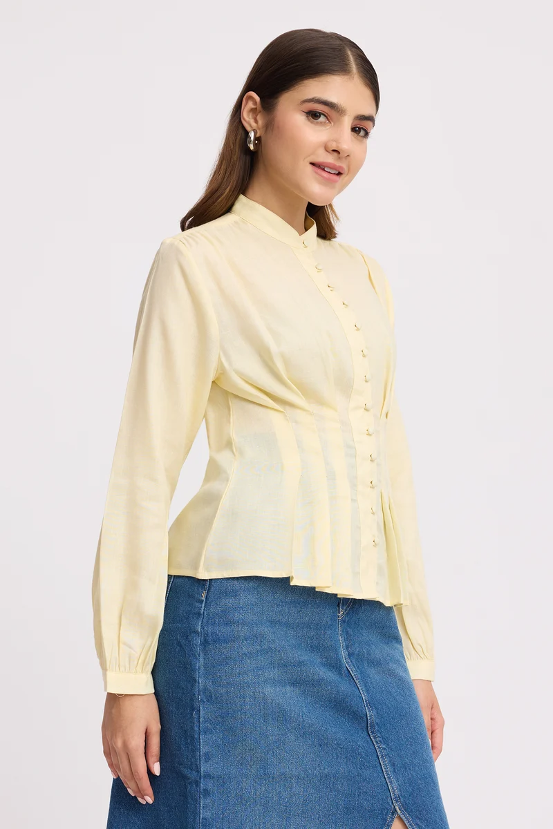 Kareni|100% Cotton Pintuck Detail Structured Shirt