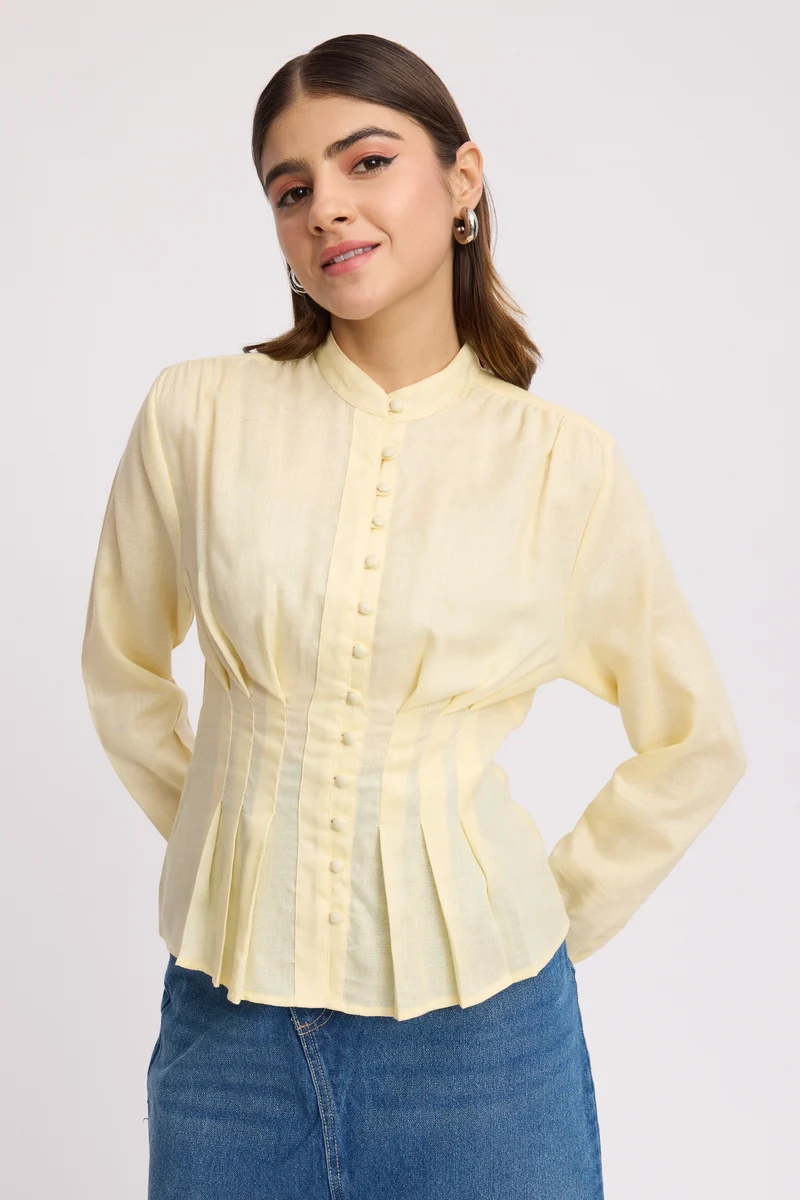 Kareni|100% Cotton Pintuck Detail Structured Shirt