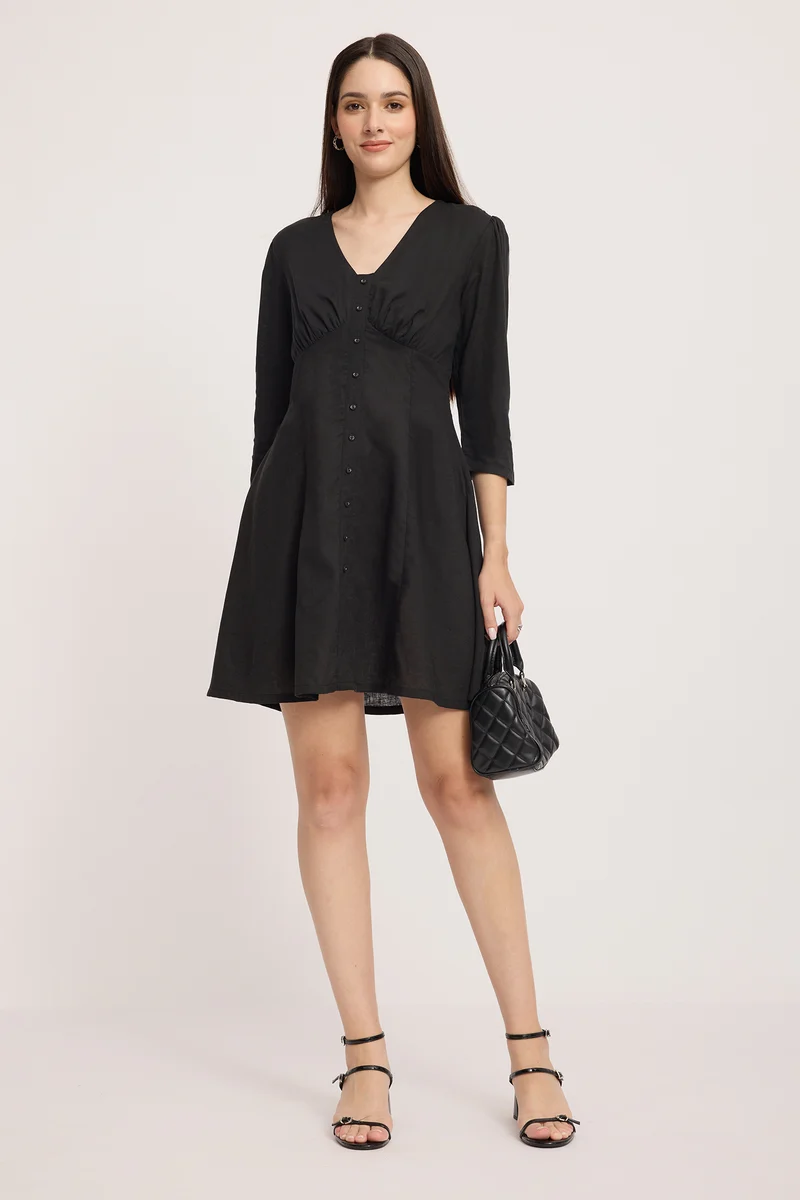 Astja|Linen Gathered Bust Mini Dress