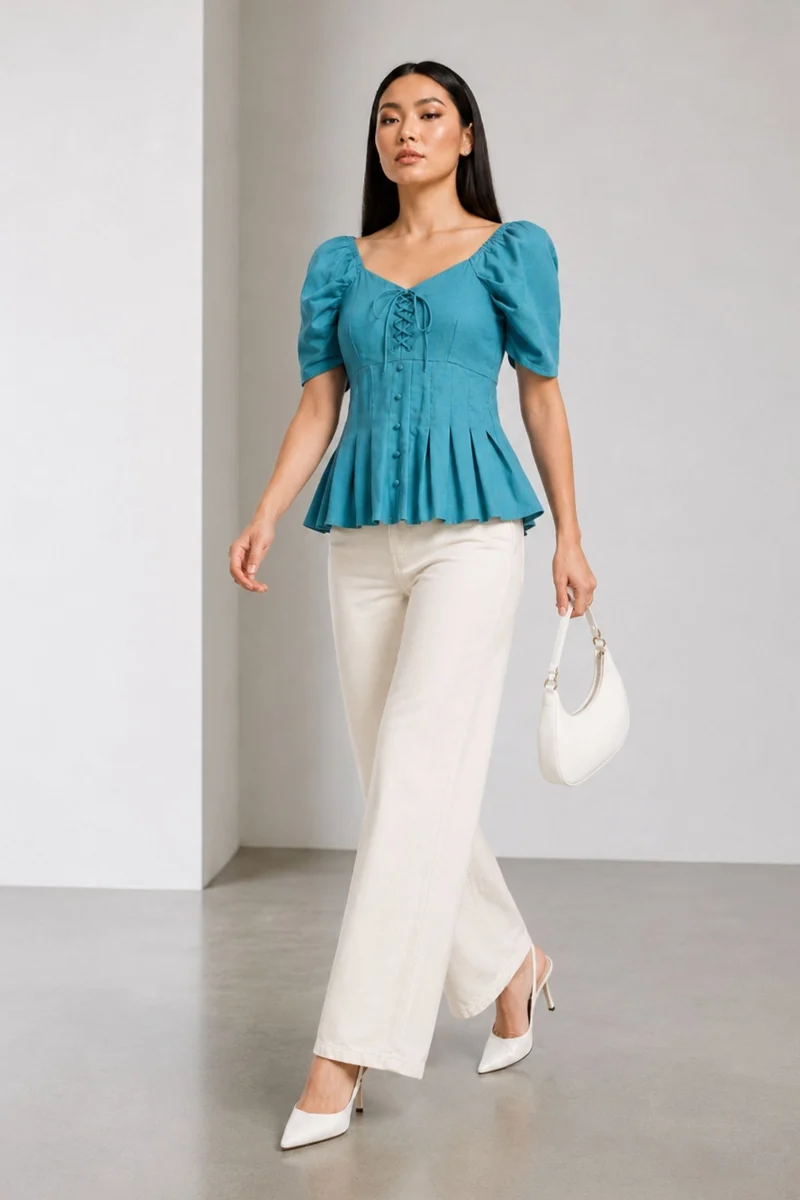 Venni|100% Cotton Sweetheart Tie-Up Peplum Top