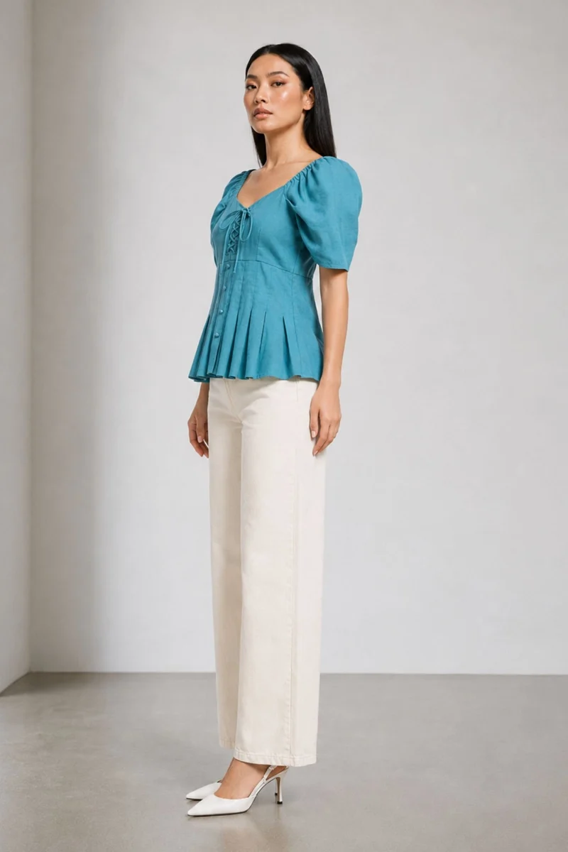 Venni|100% Cotton Sweetheart Tie-Up Peplum Top