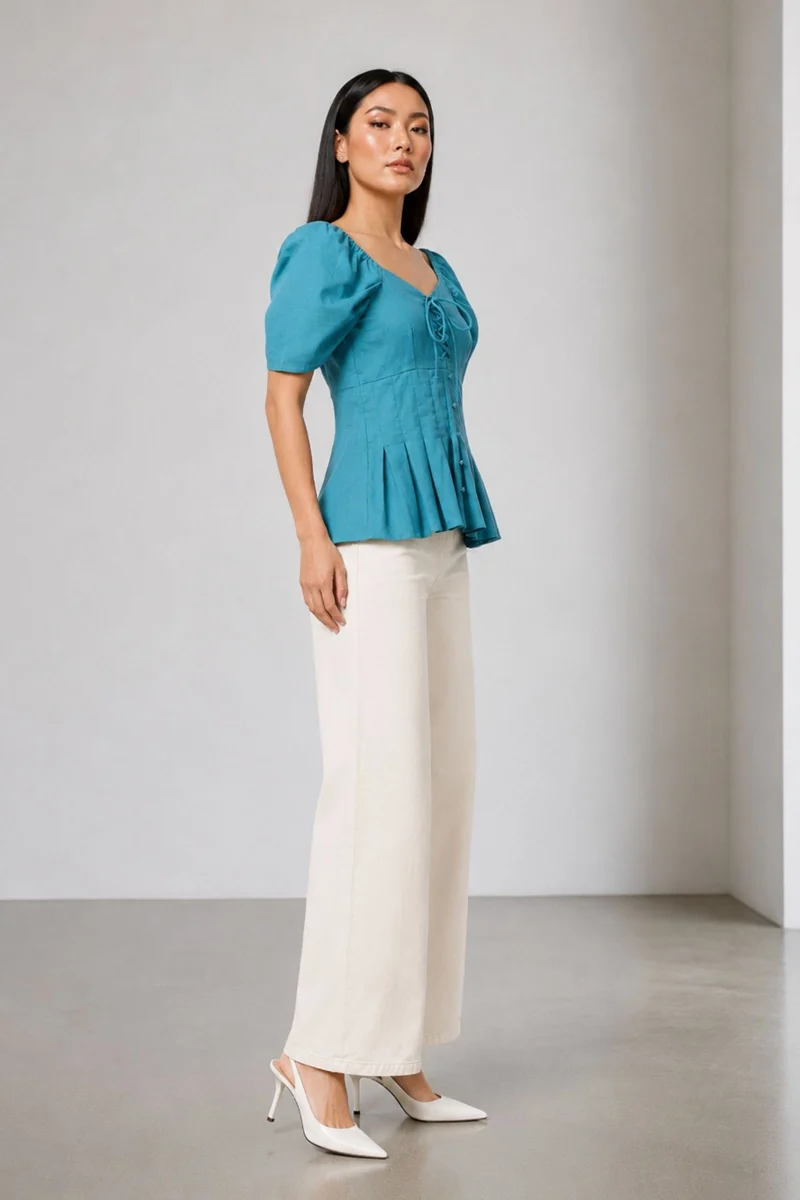 Venni|100% Cotton Sweetheart Tie-Up Peplum Top