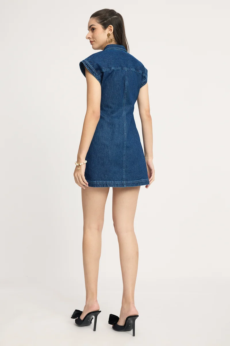 Alinny|100% Cotton Side Ruched Mini Denim Dress
