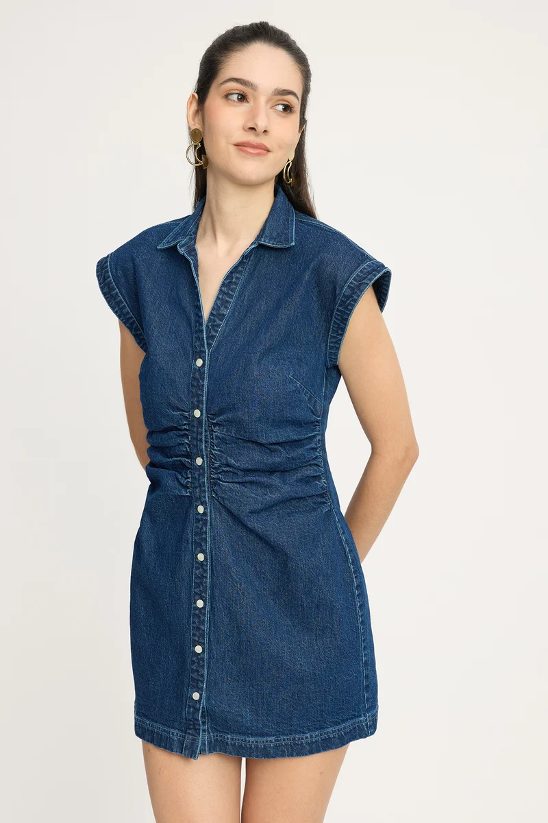 Alinny|100% Cotton Side Ruched Mini Denim Dress